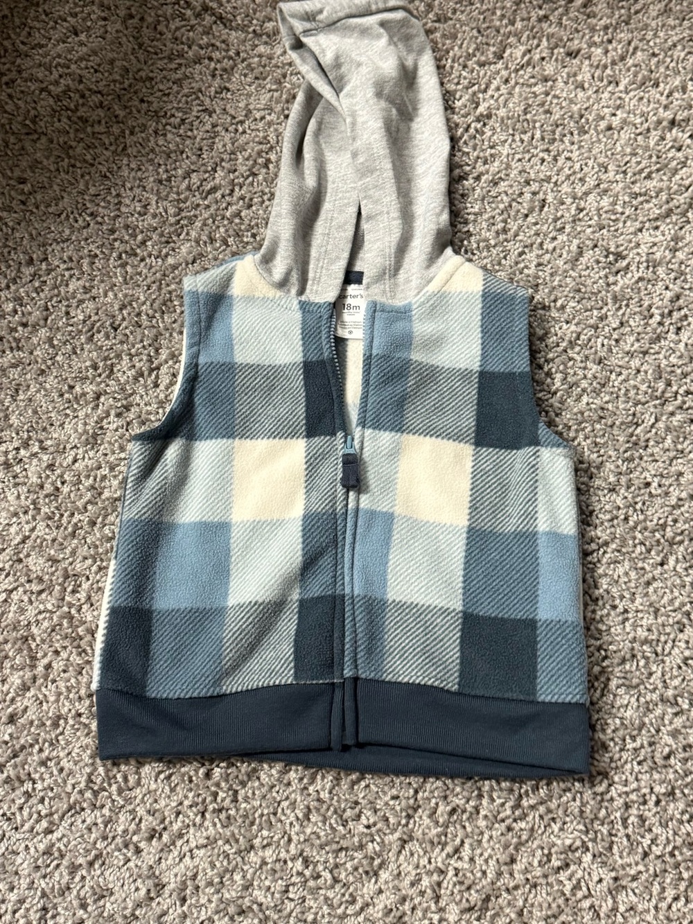 Carter's Blue, Gray & Cream Plaid Hooded Fleece Vest